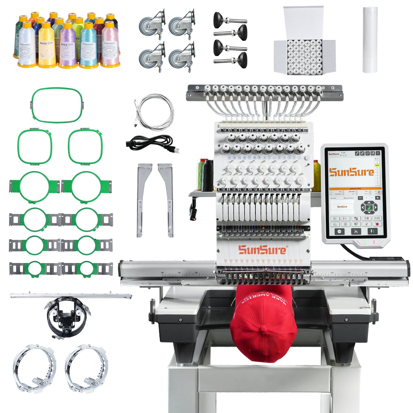 15-Needle Commercial Embroidery Machine, 24"x16" Large Embroidery Area, 1200 SPM High Speed, with Touch Screen & Advanced Photo-to-Pattern, for Batch Production of Hats, Apparel